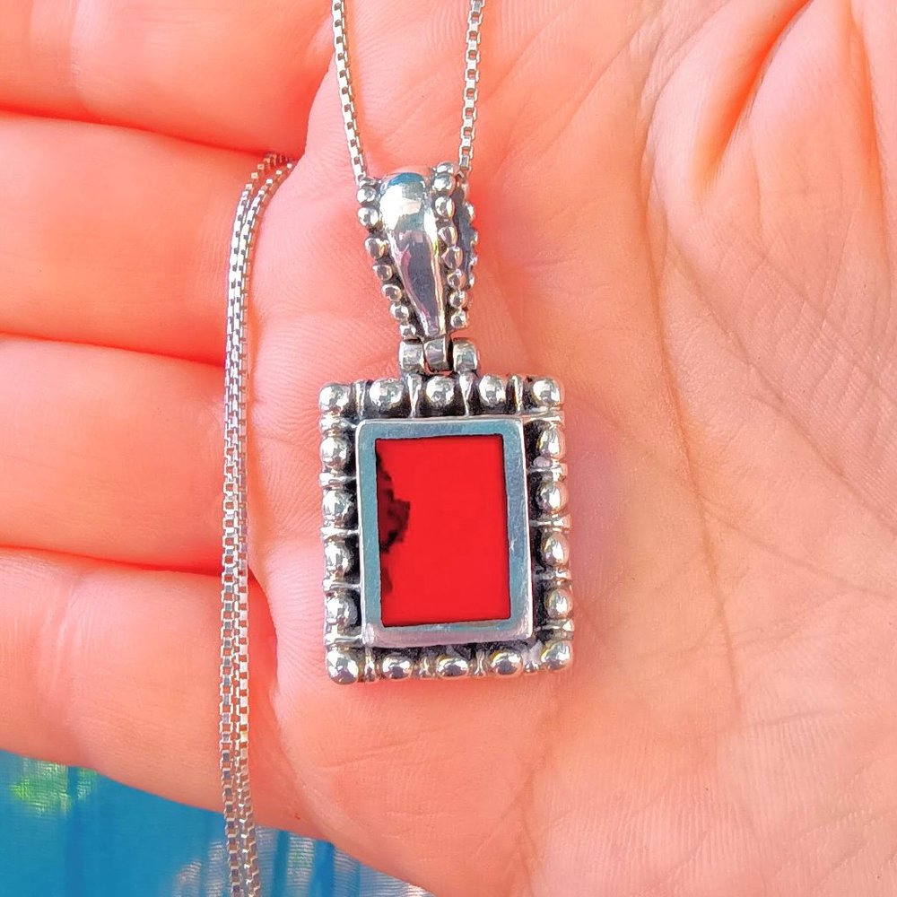 Vintage Sterling Silver Red Jasper Pebbled Pendant Necklace - Picture 9 of 13